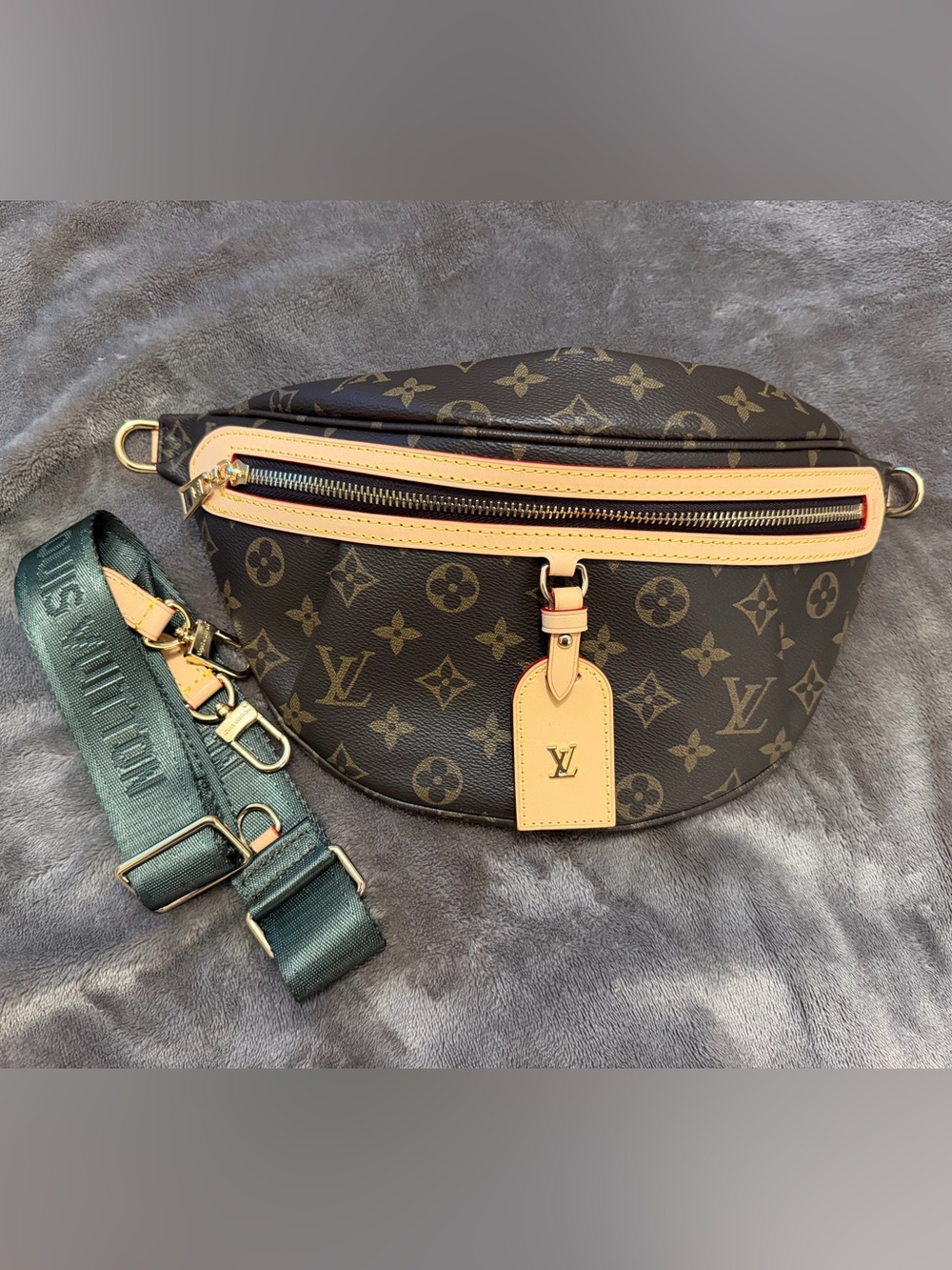 Brown Bumbag With Green Crossbody Strap
